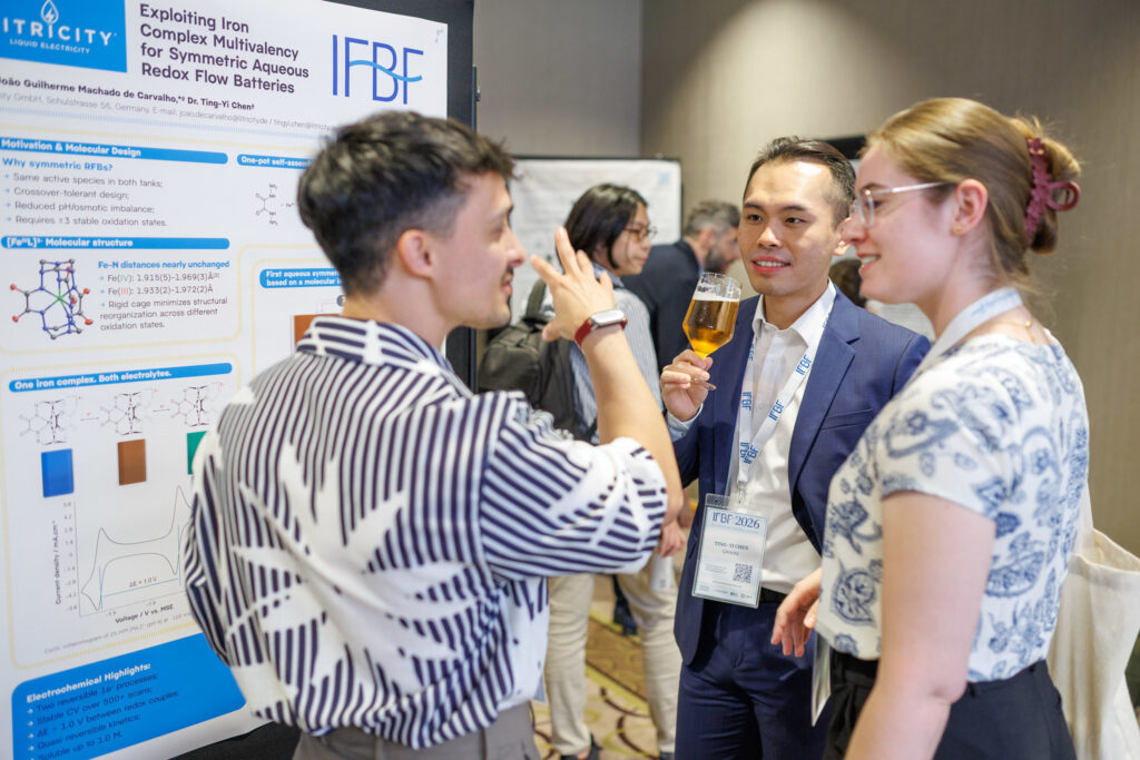 Researchers discussing posters during the poster session at the International Flow Battery Forum 2026