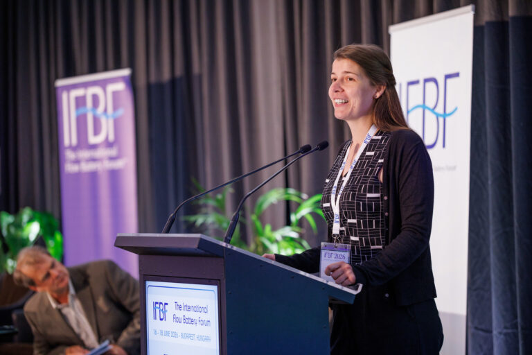 Speaker delivering a presentation at the International Flow Battery Forum 2026